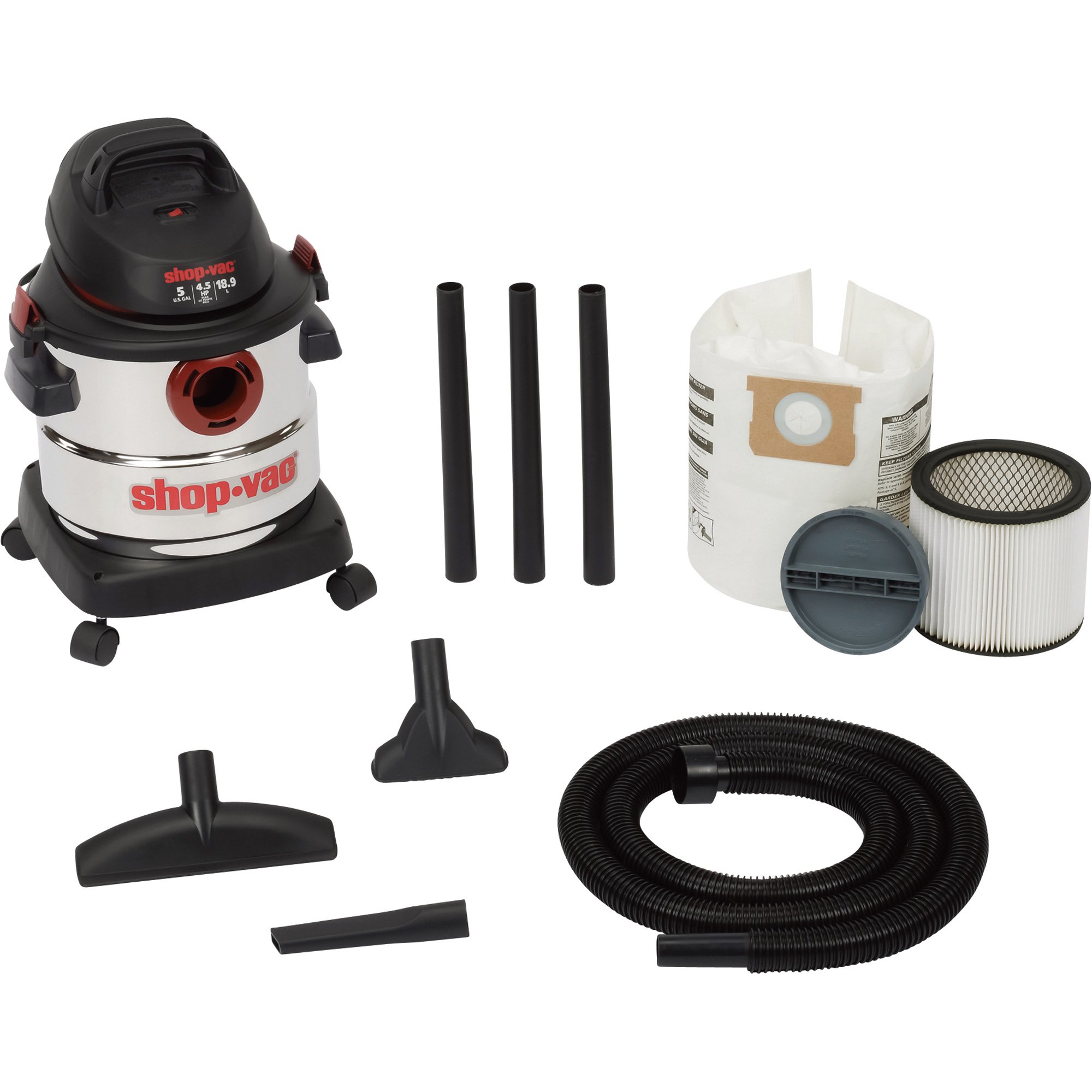 Shop-Vac Stainless Steel Wet/Dry Vacuum — 5-Gallon, 4.5 Peak HP, Model# 5986000